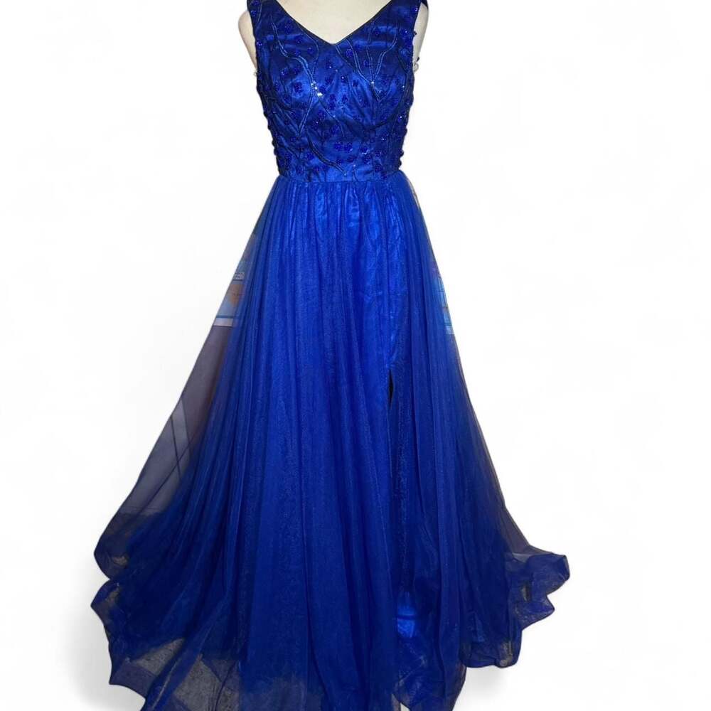Madison James Royal Blue Beaded Bodice Maxi Evening Gown Size 2